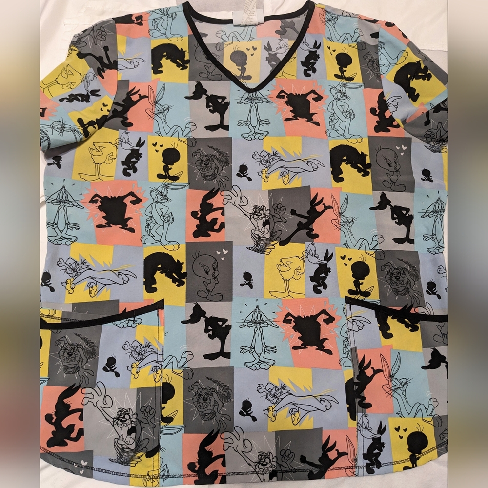 Looney Tune Characters Colorblock V-Neck Scrub Top - Picture 2 of 10